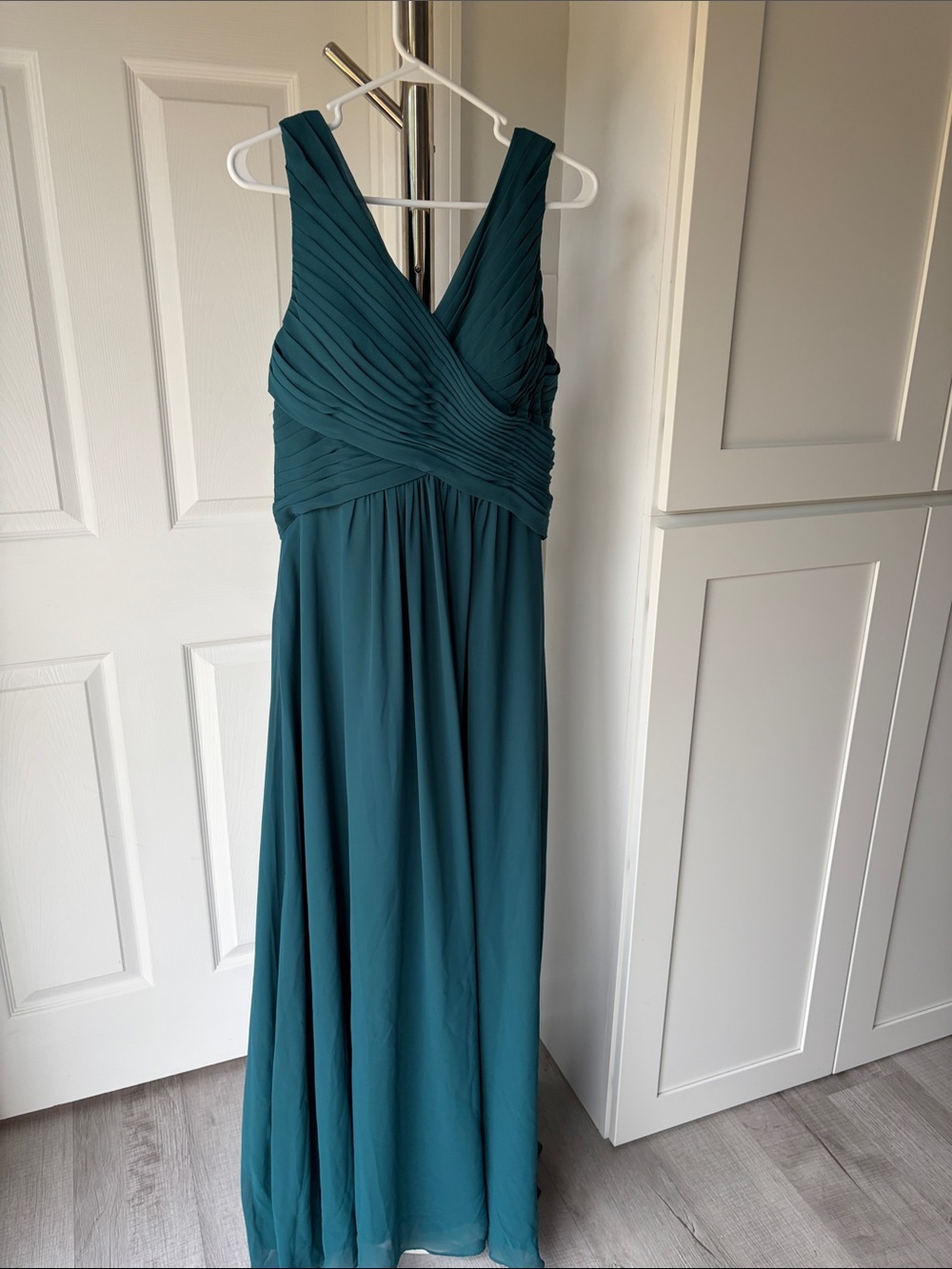 Azazie Dark Teal Pleated V-Neck Maxi Dress, Size 12.